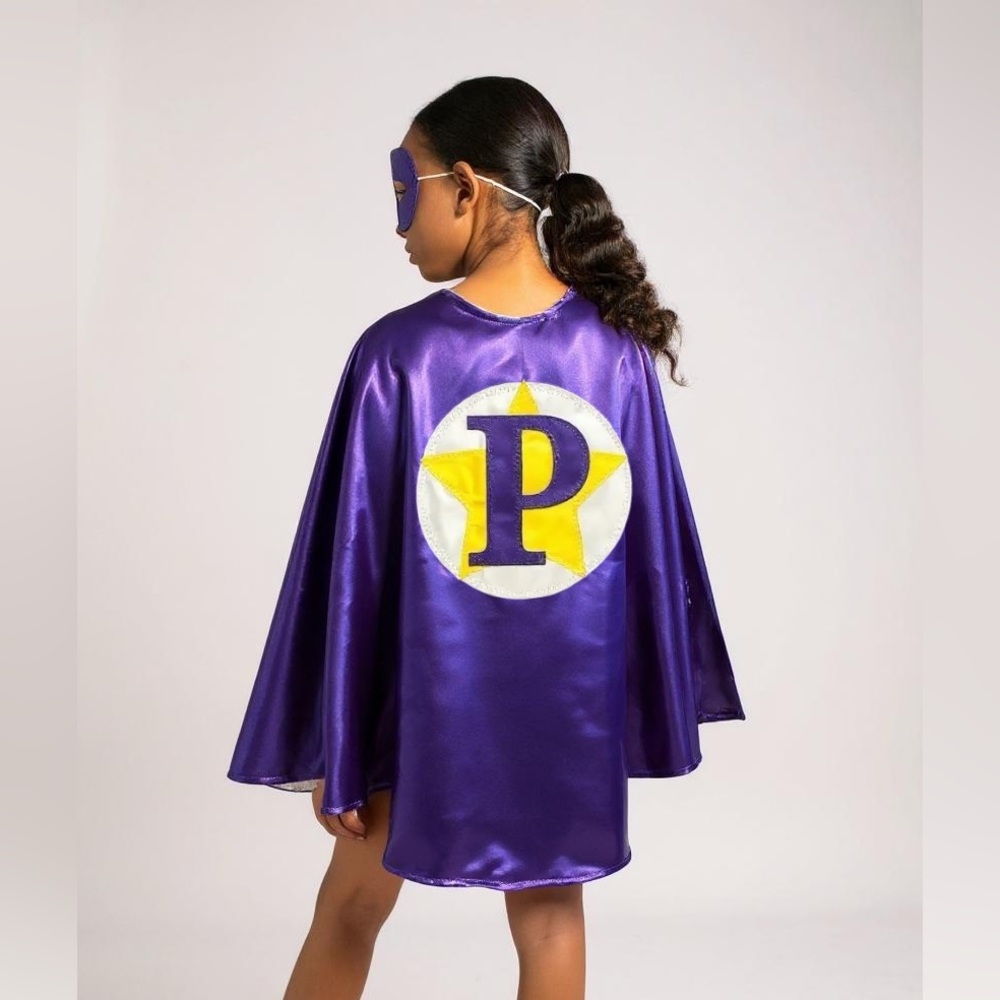 Handmade Kids Superhero Cape Set - Purple & White Initial 'P'